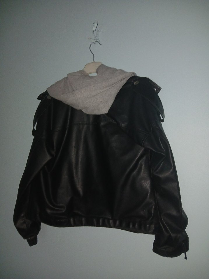 Gri Deri Kadın Ceket, Kemerli, Rahat Kesim - Görsel 4