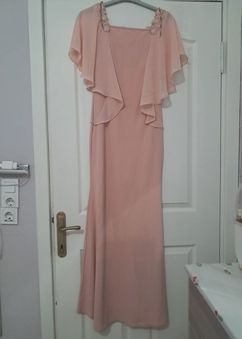 Pembe Uzun Drapeli Kadın Abiye Elbise - Görsel 3
