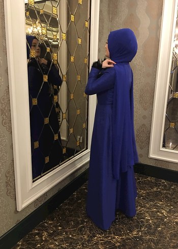 40 Beden mavi Renk Uzun Kollu Drapeli Mavi Tesettür Abiye