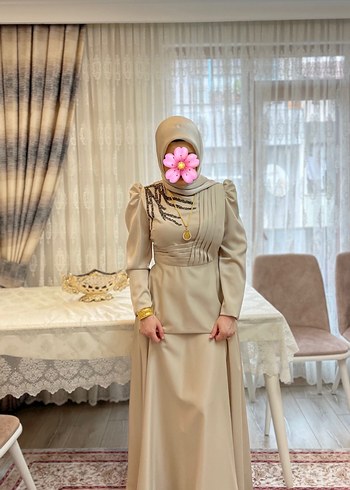 Abiye Bej Drapeli Uzun Abiye Elbise