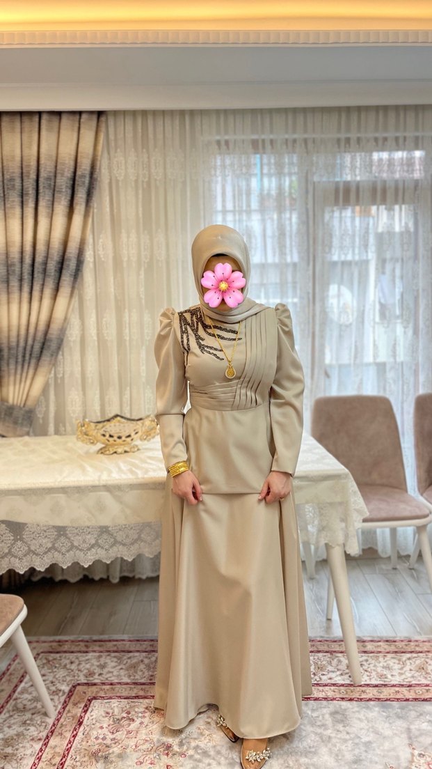 Bej Drapeli Uzun Abiye Elbise - Görsel 2