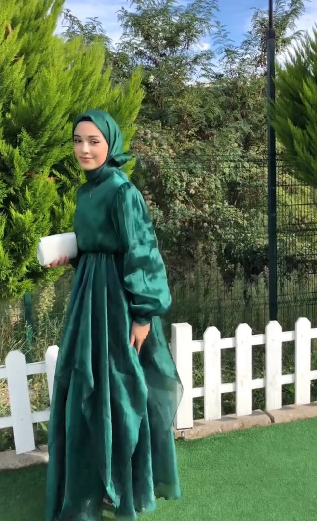 Parlak Yeşil Yüksek Yakalı Uzun Elbise - Görsel 2