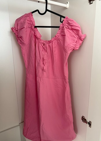 Pembe Midi Keten Elbise, V Yaka, Volanlı