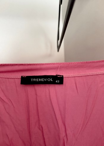 42 Beden pembe Renk Pembe Midi Keten Elbise, V Yaka, Volanlı