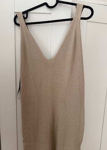 Bej V Yaka Midi Triko Elbise - Görsel 2