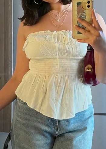 Bershka Beyaz Keten Fırfırlı Straplez Bluz