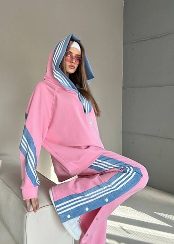 Düğmeli Kapüşonlu Pembe Bağcıklı Eşofman Altı