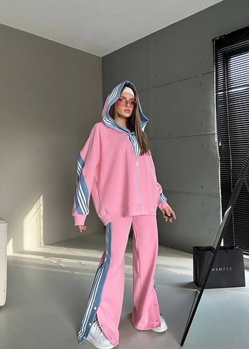 Adidas Düğmeli Kapüşonlu Pembe Bağcıklı Eşofman Altı
