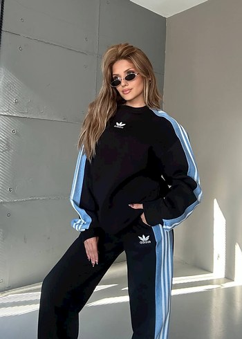 Adidas Siyah Mavi Çizgili Kadın Eşofman Üstü