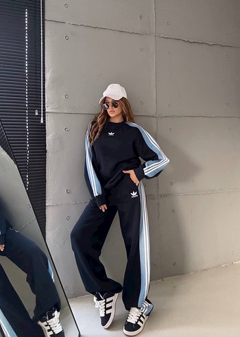 diğer Beden Adidas Siyah Mavi Çizgili Kadın Eşofman Üstü