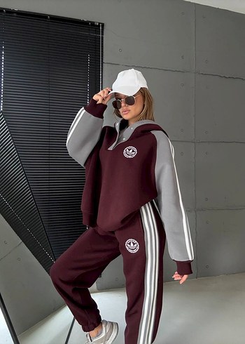diğer Beden Bordo Gri Adidas Düğmeli Kadın Eşofman Altı