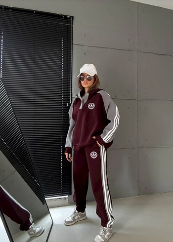 Adidas Bordo Gri Adidas Düğmeli Kadın Eşofman Altı