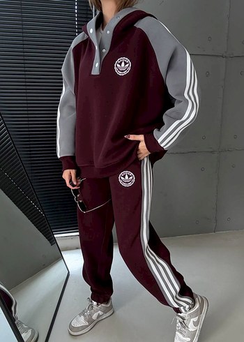 Bordo Gri Adidas Düğmeli Kadın Eşofman Altı