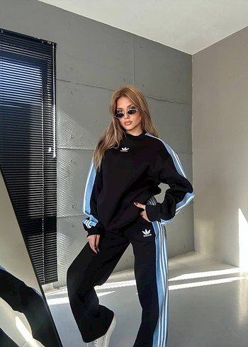 diğer Beden Adidas Siyah Mavi Çizgili Kadın Eşofman Takımı