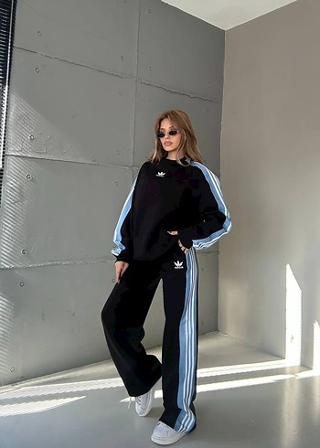 Adidas Adidas Siyah Mavi Çizgili Kadın Eşofman Takımı