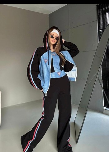s Beden Kadın Mavi Denim Fermuarlı Sırtı Taşlı Guess Eşofman Üstü