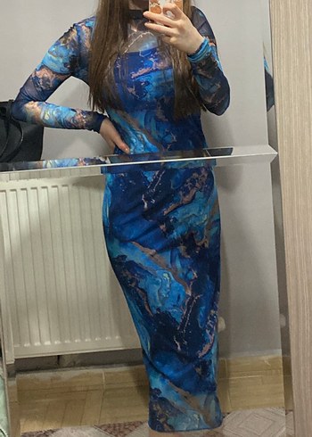 Uzun Kol Drapeli Mavi Tie-Dye Elbise