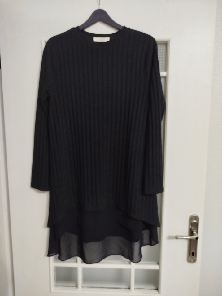 Siyah Uzun Kollu Triko Etek Ucu Şifon Tunik Pantolon Takım - Görsel 3