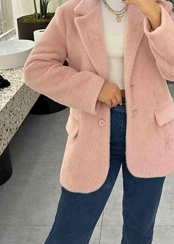 Pembe Kadın Midi Boy Kürklü Ceket