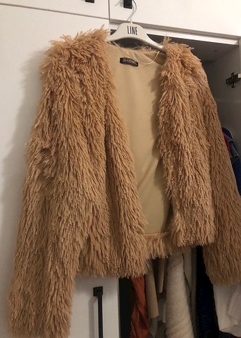 Bej Midi Uzun Kollu Kadın Peluş Ceket S/M uyumlu