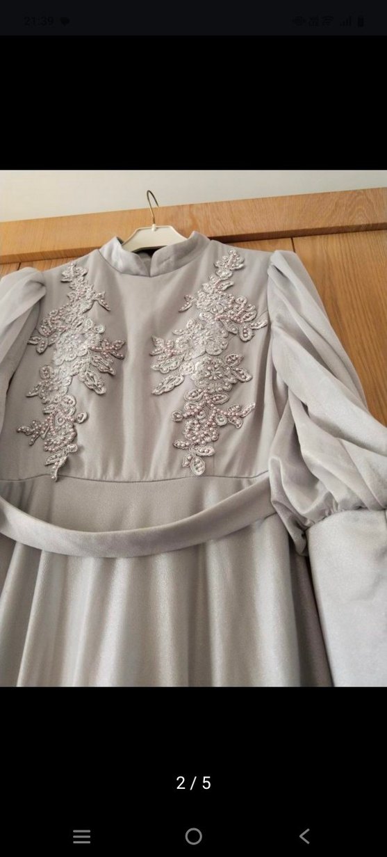 Gri Nakışlı Uzun Kollu Uzun Elbise - Görsel 2