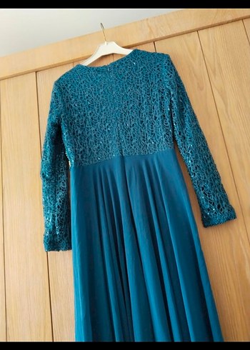 Turkuaz Kadın Uzun Kollu İşlemeli Abiye Elbise - Görsel 3