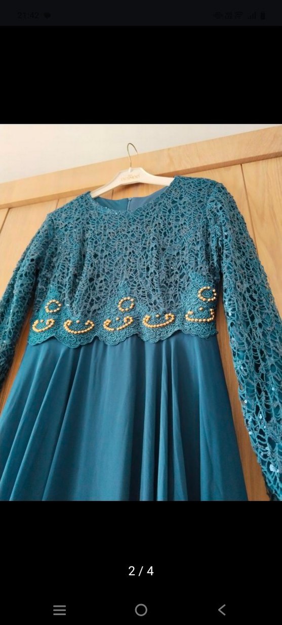 Turkuaz Kadın Uzun Kollu İşlemeli Abiye Elbise - Görsel 2