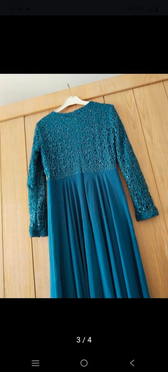 Turkuaz Kadın Uzun Kollu İşlemeli Abiye Elbise - Görsel 3