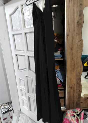 36 Beden Askılı Siyah Uzun Yırtmaçlı Abiye - Görsel 2