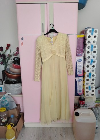 Bej Dantel Detaylı Uzun Kollu Kadın Elbise - Görsel 2