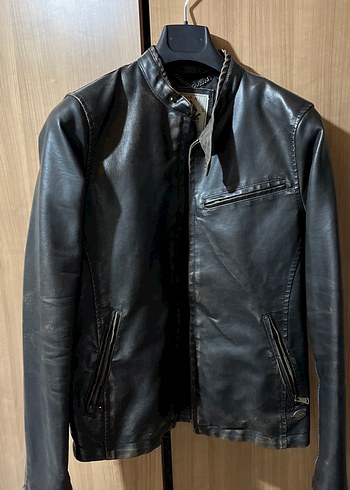 Siyah Deri Biker Ceket, Kemerli, Dar Kesim