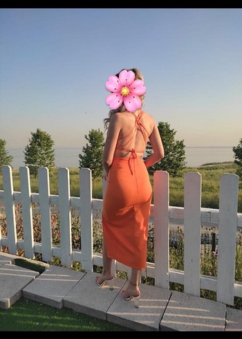 s Beden turuncu Renk Askılı Turuncu Midi Yırtmaçlı Elbise