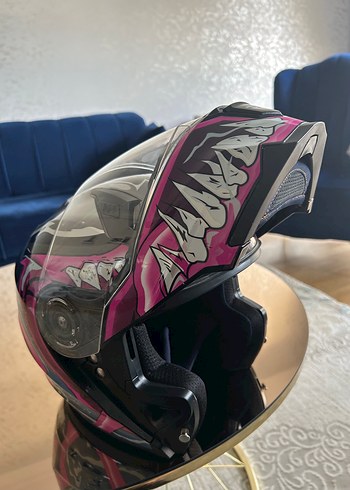 Koyu Pembe Baskılı Biker Motosiklet Kaskı - Görsel 3