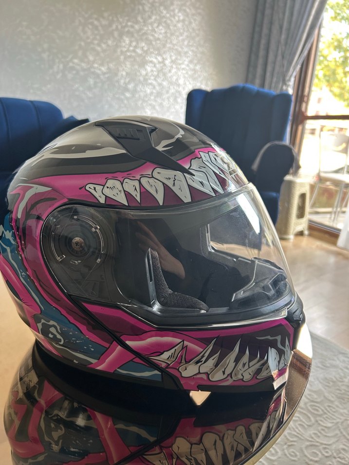 Koyu Pembe Baskılı Biker Motosiklet Kaskı - Görsel 2