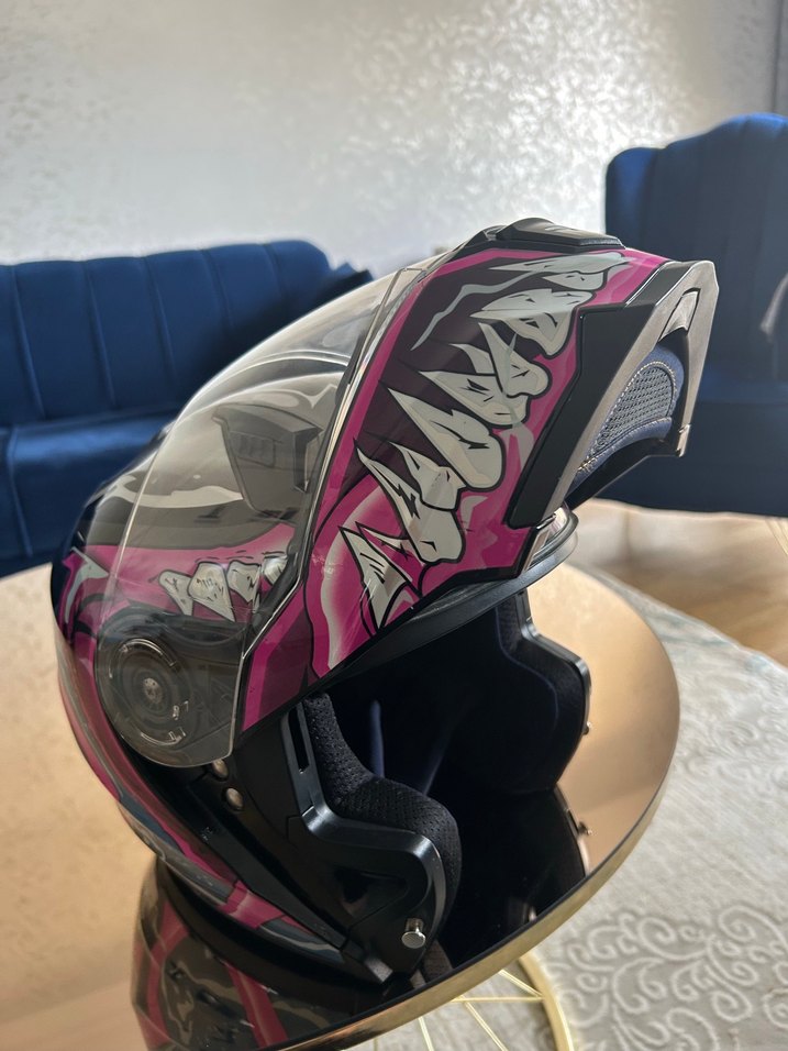 Koyu Pembe Baskılı Biker Motosiklet Kaskı - Görsel 3