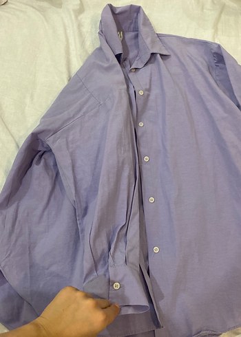 Düğmeli, uzun Kollu Mor Keten Gömlek - Görsel 2