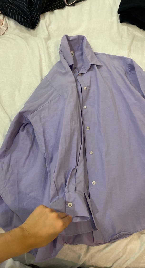 Düğmeli, uzun Kollu Mor Keten Gömlek - Görsel 2