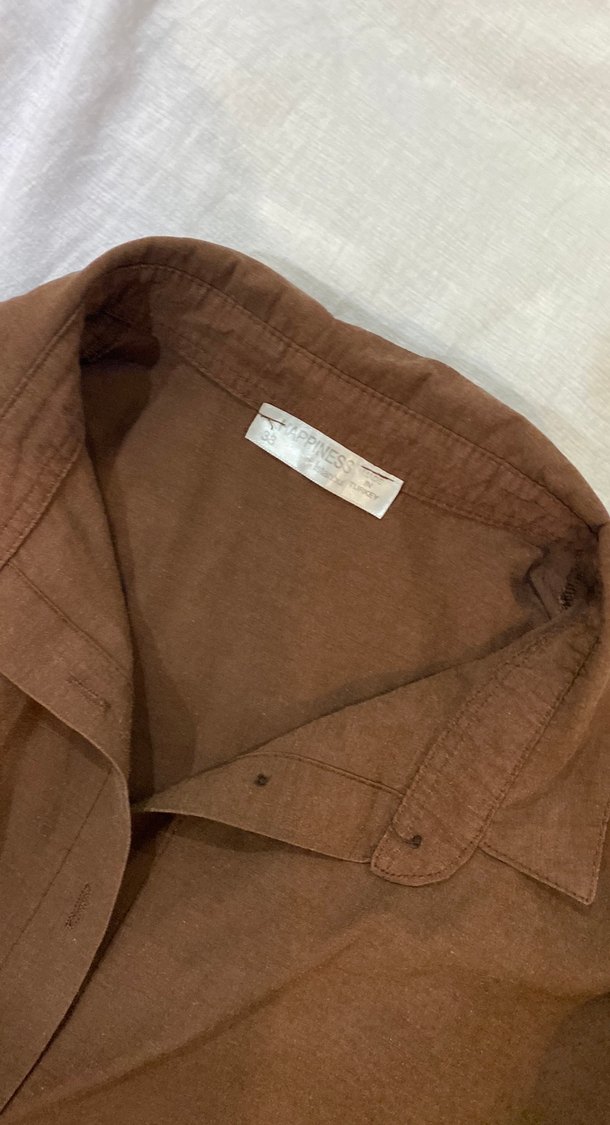 Düğmeli Keten Kahverengi Kadın Gömlek - Görsel 2