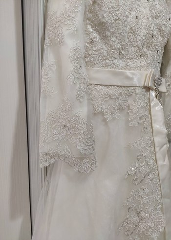 Vintage Uzun Kollu Beyaz A Kesim Gelinlik - Görsel 9