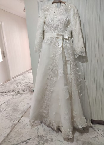 Vintage Uzun Kollu Beyaz A Kesim Gelinlik - Görsel 3