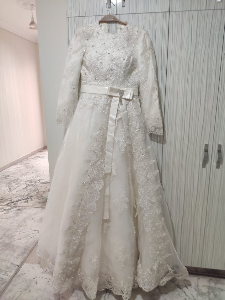 Vintage Uzun Kollu Beyaz A Kesim Gelinlik - Görsel 5