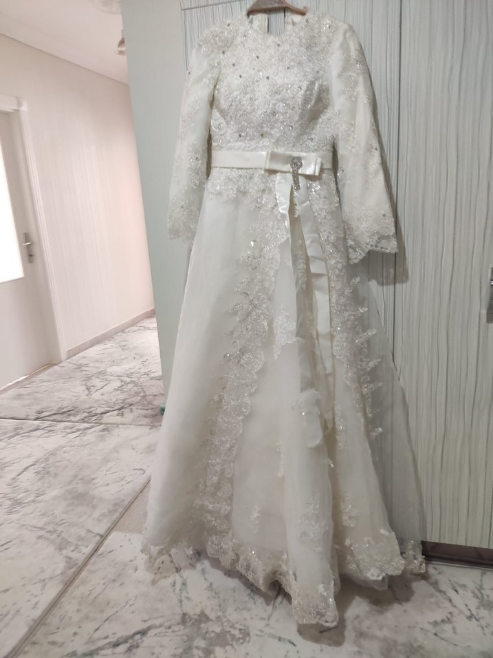 Vintage Uzun Kollu Beyaz A Kesim Gelinlik - Görsel 3