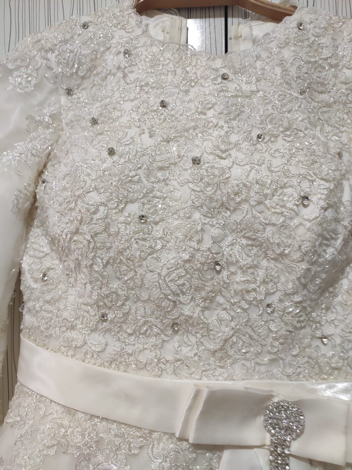 Vintage Uzun Kollu Beyaz A Kesim Gelinlik - Görsel 4