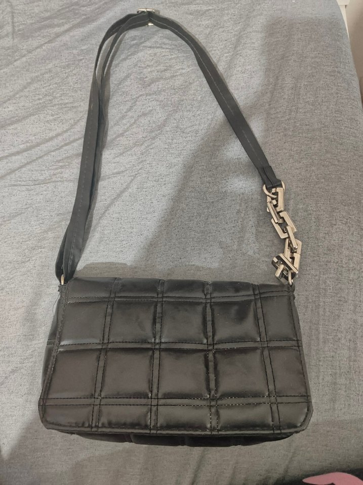 Kare Desenli Siyah Deri Kadın Çanta - Görsel 2