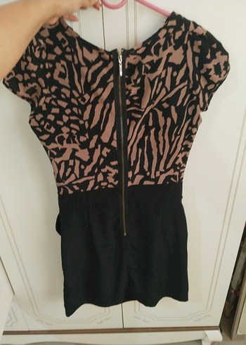 m Beden siyah Renk Kemerli Siyah Zebra Desenli Mini Elbise