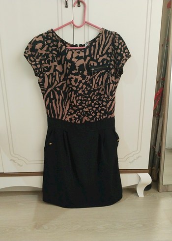 Kemerli Siyah Zebra Desenli Mini Elbise