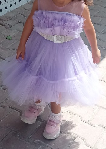 Lila Fırfırlı Kız Çocuk Straplez Abiye Elbise