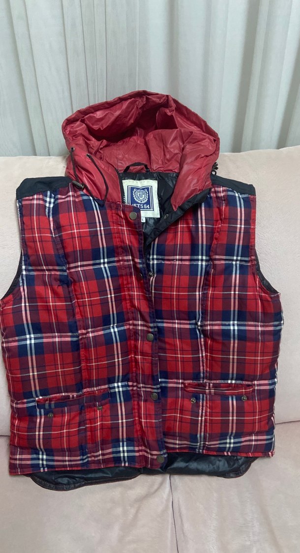 Düğmeli Fermuarlı Ekose Desenli  Bayan Kırmız Şişme Yelek - Görsel 3