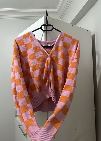 Trendyol & Milla Pembe Turuncu Kareli Örgü Hırka