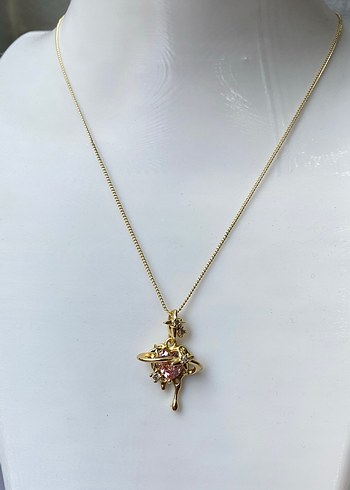 Çelik gezegen detaylı pembe kalp gold kolye - Görsel 2